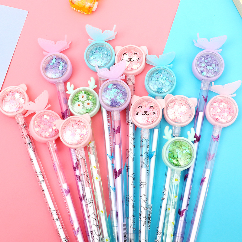 Butterfly sequined gel pen wholesale, popular Instagram style, cute and girlish black gel pen Rabbit Deer Sequined pen details Picture