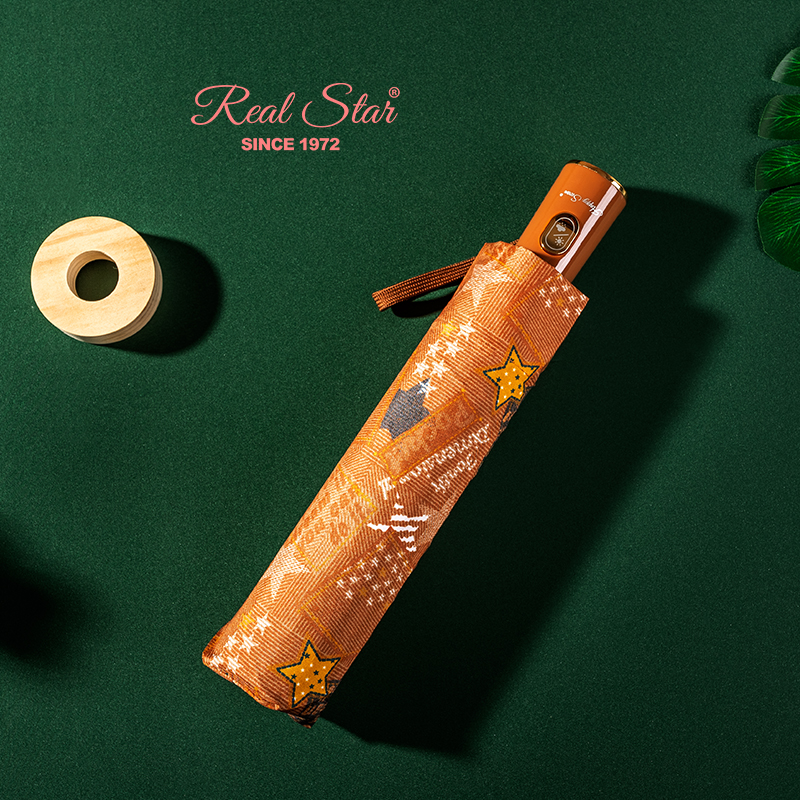 RST三折自动雨伞热转印简约时尚五角星图批发印制logo商务折叠伞产品图