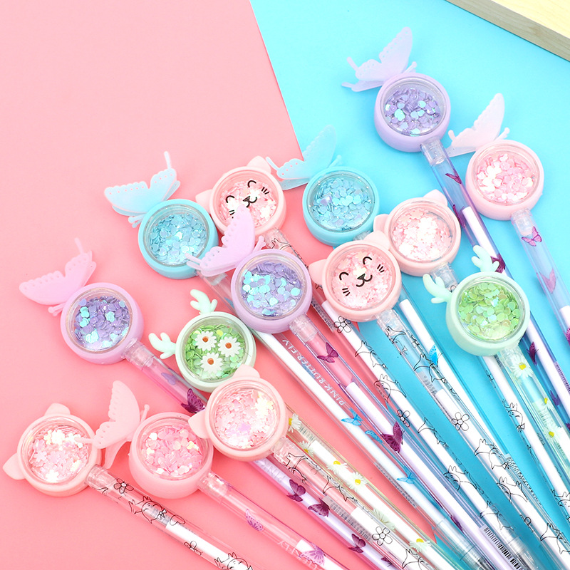 Butterfly sequined gel pen wholesale, popular Instagram style, cute and girlish black gel pen Rabbit Deer Sequined pen Specification drawing