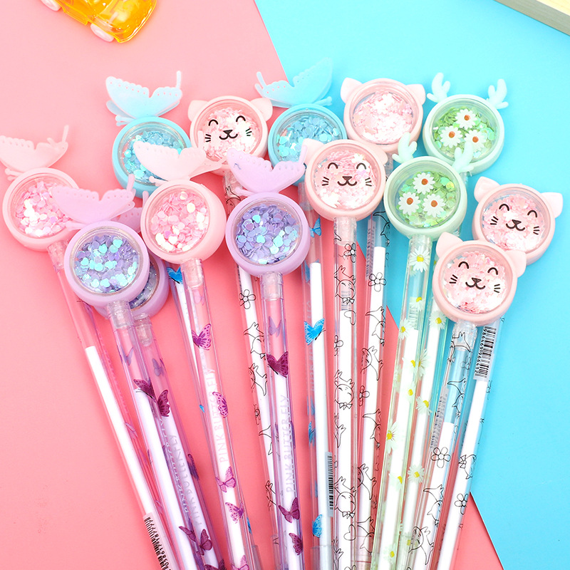 Butterfly sequined gel pen wholesale, popular Instagram style, cute and girlish black gel pen Rabbit Deer Sequined pen full figure