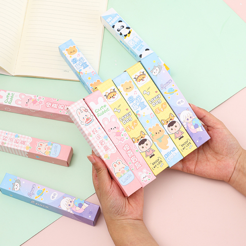 Blind box gel pen, lucky box, press black gel pen, student stationery set, random four-piece set, surprise small gift Specification drawing