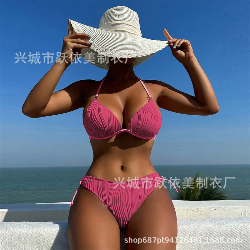 欧美新款游泳衣跨境性感分体带胸垫比基尼糖果色波浪法式三点