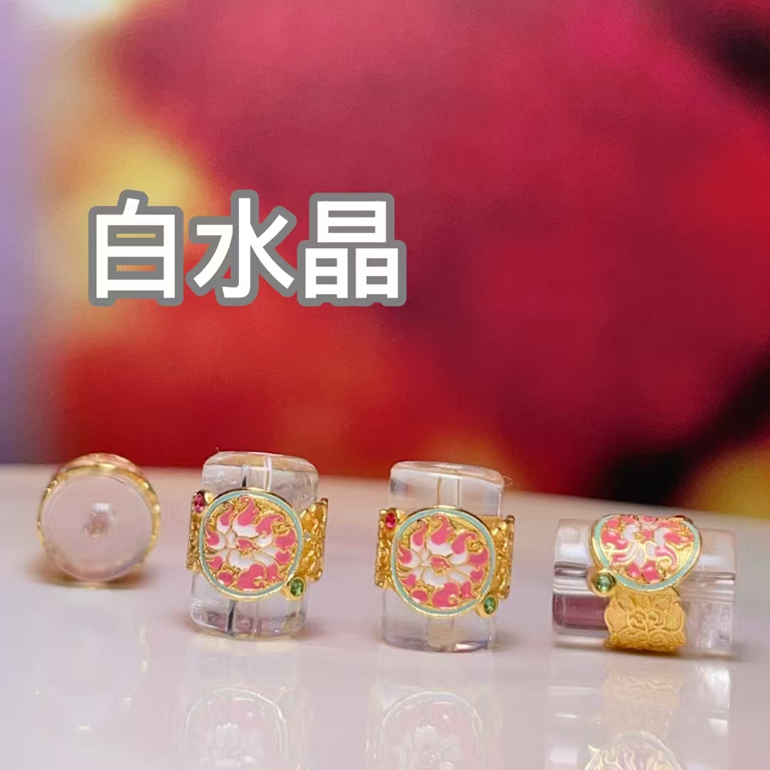 Natural white crystal fox spirit straight hole diy jewelry accessories, crystal accessories, ancient method sand gold accessories, copper-plated real gold, high color retention