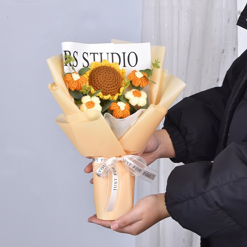 太阳花大号针织工制作工艺品 成品 创意礼品艺术品毕业礼物针织迷你毛线花束仿真泡芙小香风生日礼物幼儿园毕业花束母亲节