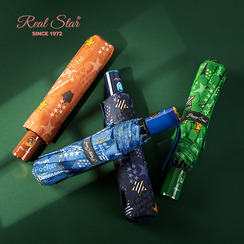 RST three-fold automatic umbrella heat transfer printing simple and fashionable five-pointed star pattern wholesale printed logo business folding umbrella
