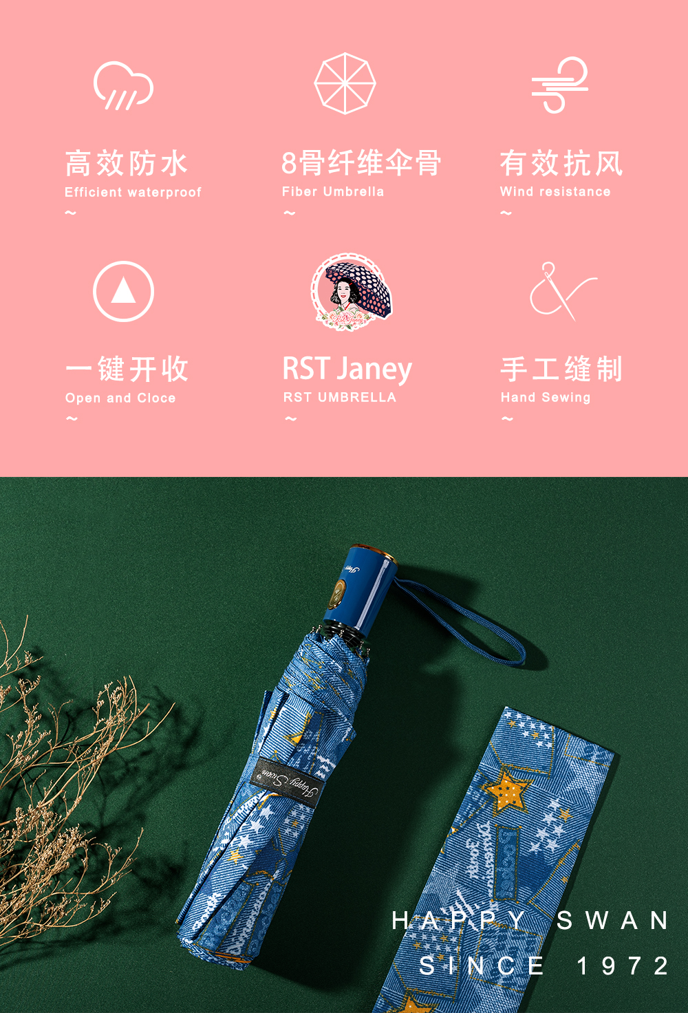 RST三折自动雨伞热转印简约时尚五角星图批发印制logo商务折叠伞详情4