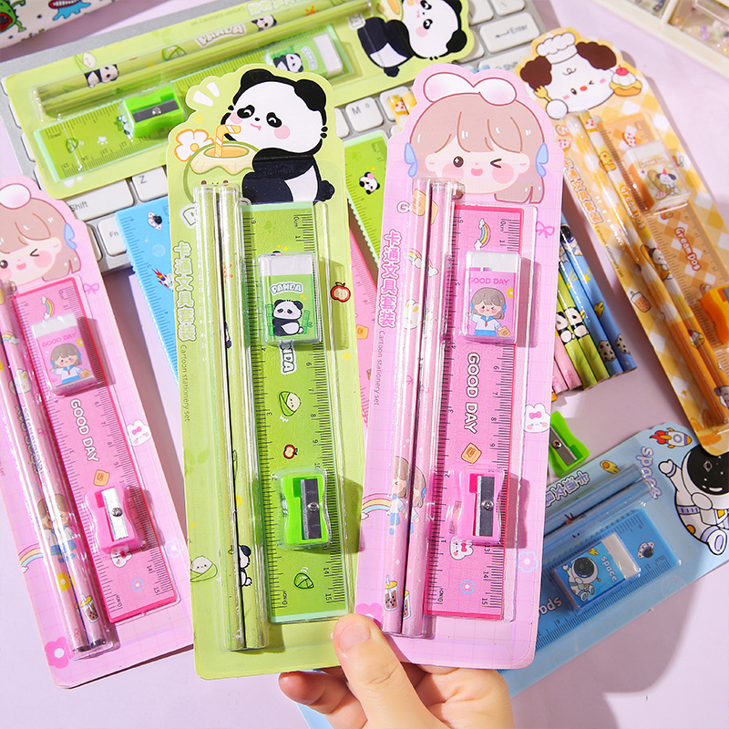 Cartoon pencil set, student learning stationery five-piece set, children's drawing and sketching supplies, small prizes for kindergartens details Picture