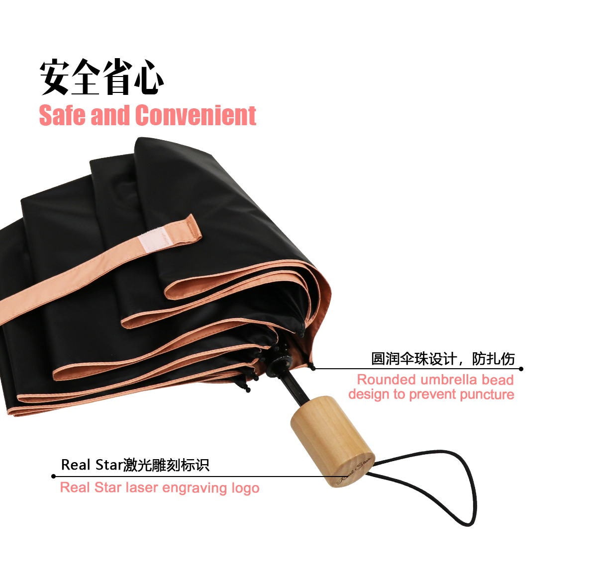 RST晴雨伞UV黑胶遮阳防晒伞UPF50+实木手柄三折伞轻奢详情6