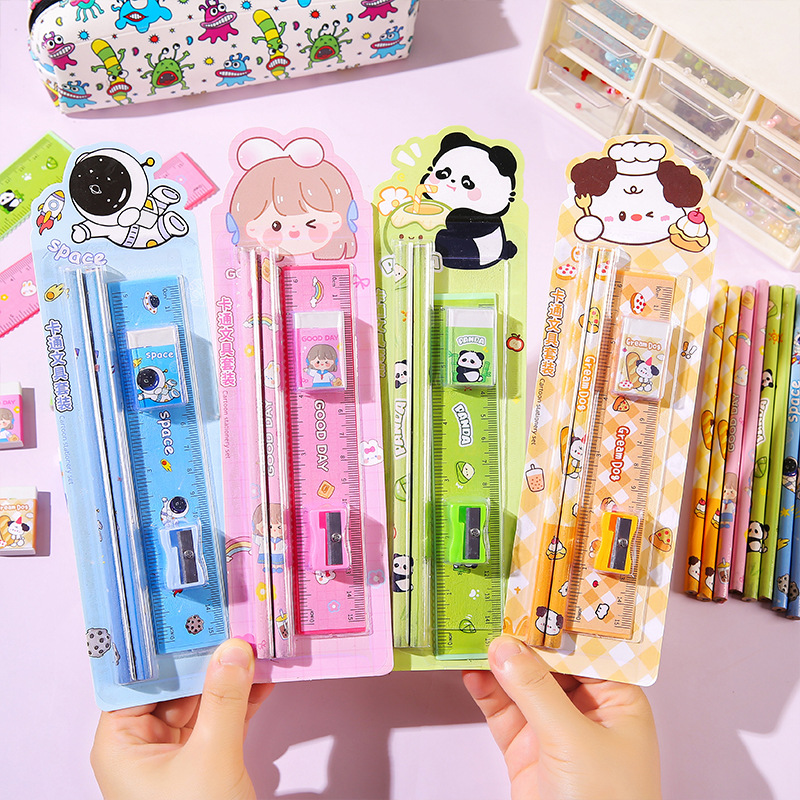 Cartoon pencil set, student learning stationery five-piece set, children's drawing and sketching supplies, small prizes for kindergartens full figure