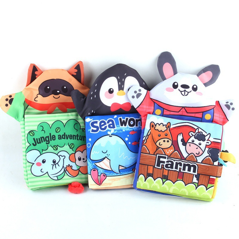 Cross-border infant early education two-in-one three-dimensional hand-held doll cloth book, paper cloth book, tear-resistant animal tail color box cloth book Item Picture