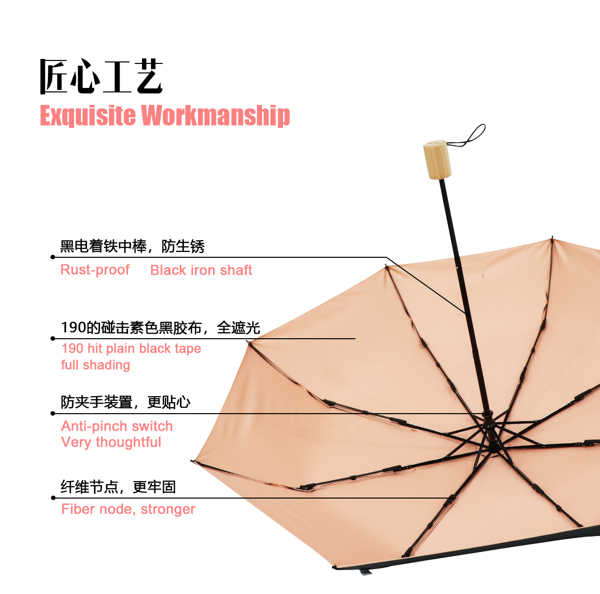 RST晴雨伞UV黑胶遮阳防晒伞UPF50+实木手柄三折伞轻奢详情5