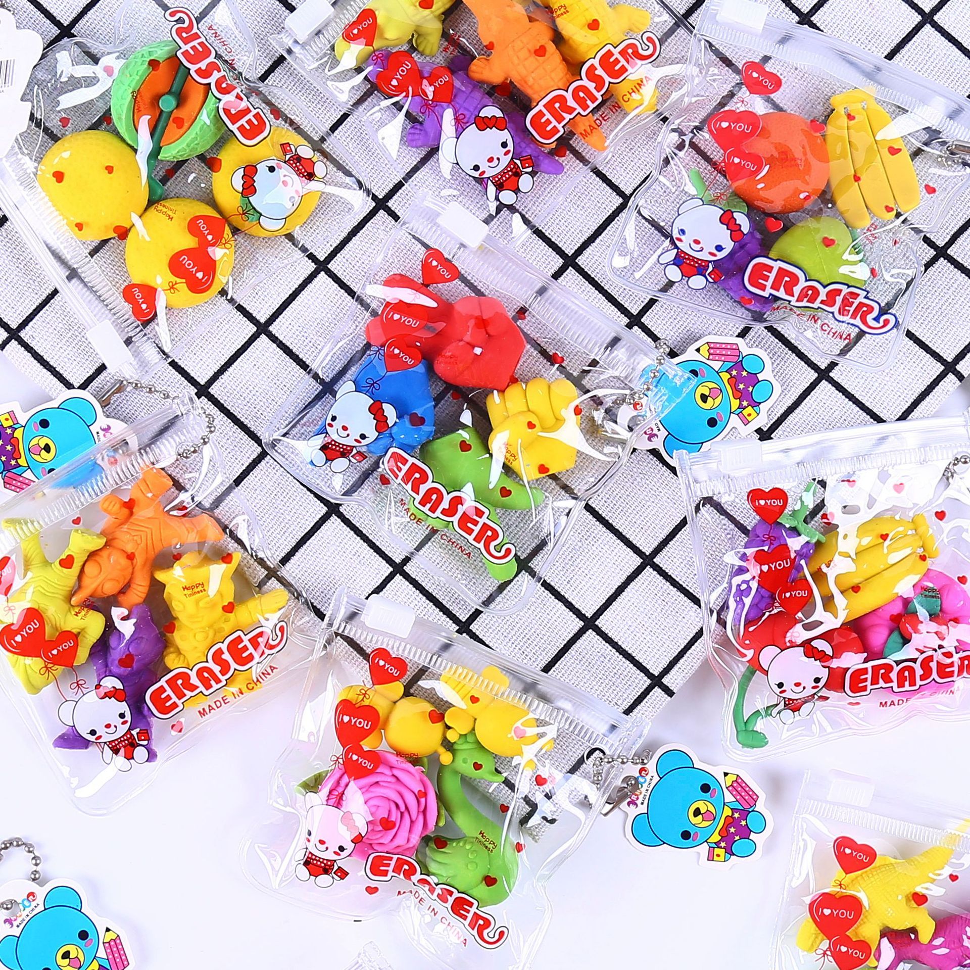 pvc bagged eraser, student cartoon dinosaur fruit eraser, children's gift, drawstring bag, creative correction eraser full figure