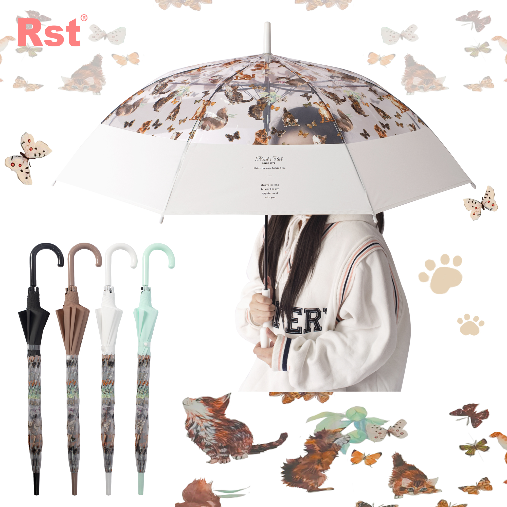 RST星宝新款猫咪透明伞自动开雨伞宽边拼接彩色塑料伞品牌平替