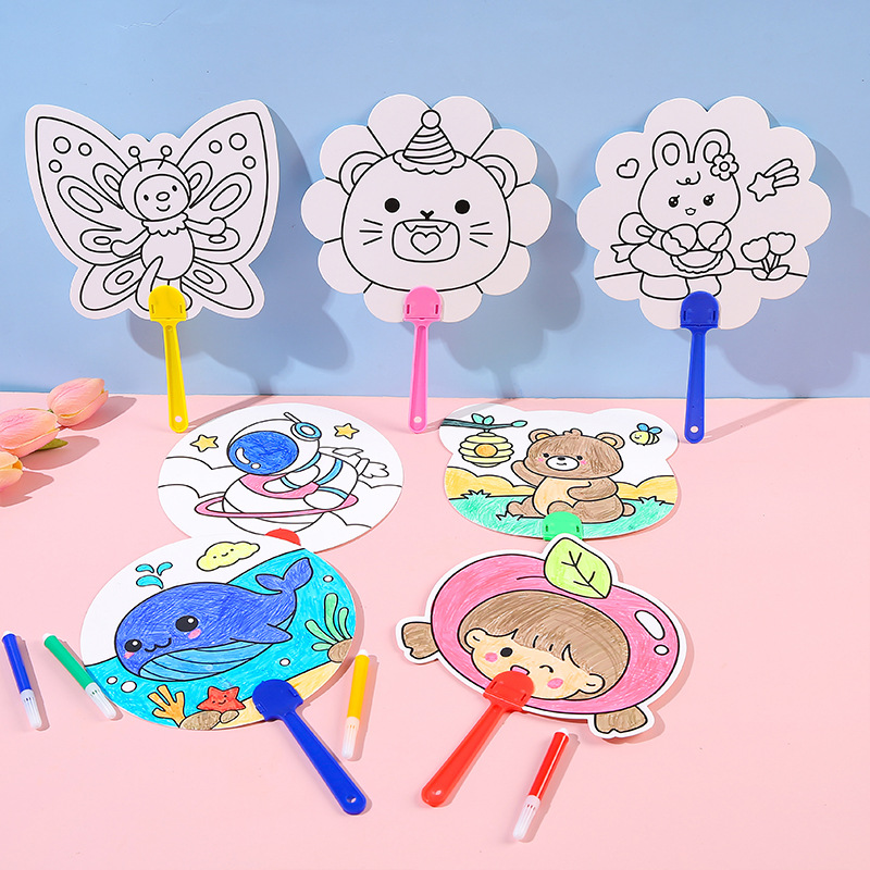 Children's diy graffiti fans, painted and colored hand-cranked fans, baby painting folding fans, educational drawing, paper coloring round fans details Picture