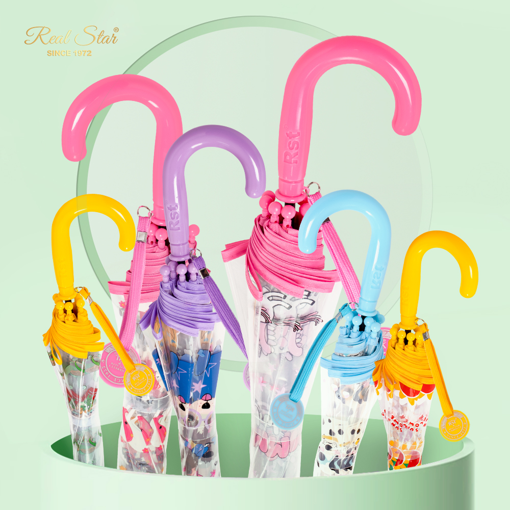 The 25-year new RST transparent plastic children's umbrella with color printed cartoon patterns, 19-inch automatic opening umbrella