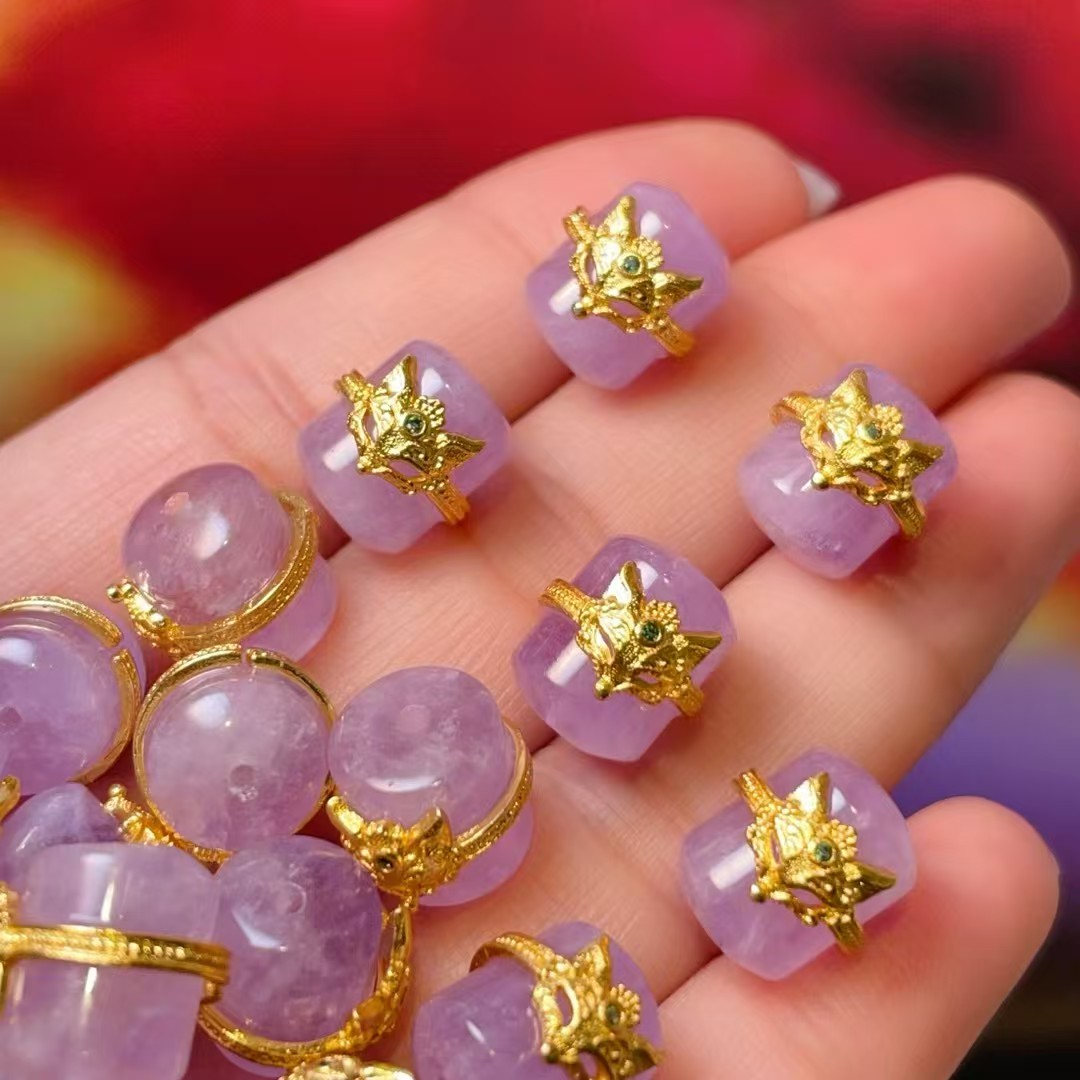 Natural purple lithium glow fox bucket bead straight hole diy jewelry accessories, crystal accessories, ancient method sand gold accessories, copper-plated real gold high color retention details Picture