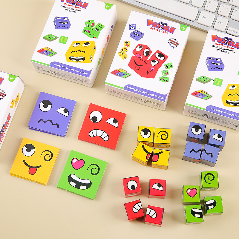 A series of white box sets of face-changing Rubik's Cube expression building blocks for children, parent-child battle board games, challenge levels, children's toys full figure