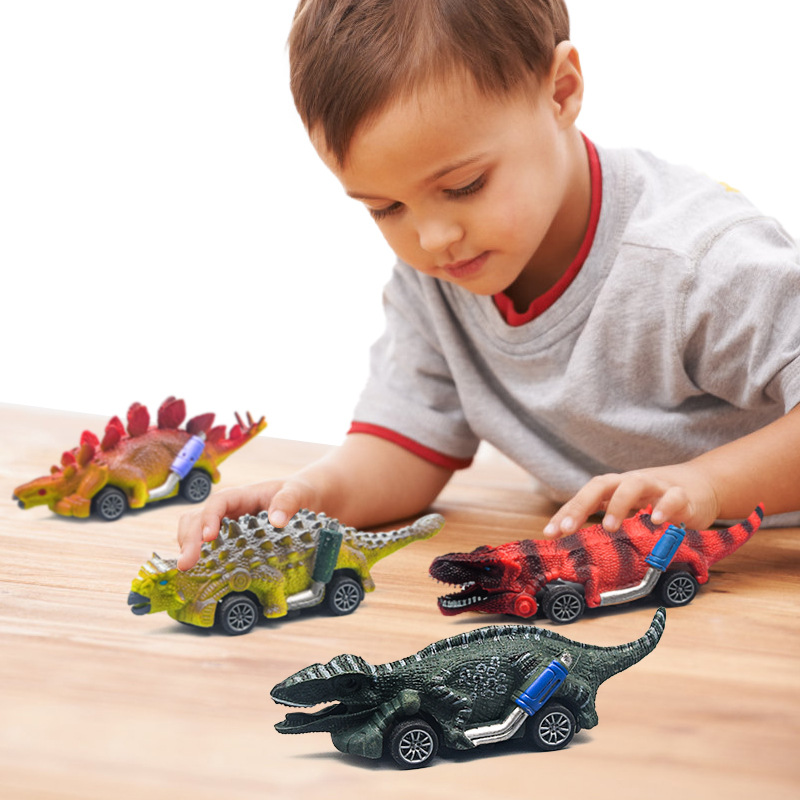 Qiqu Foreign Trade Creative Children's toys in stock wholesale, new hand-pulled trolley molds, simulated dinosaur rebound cars full figure
