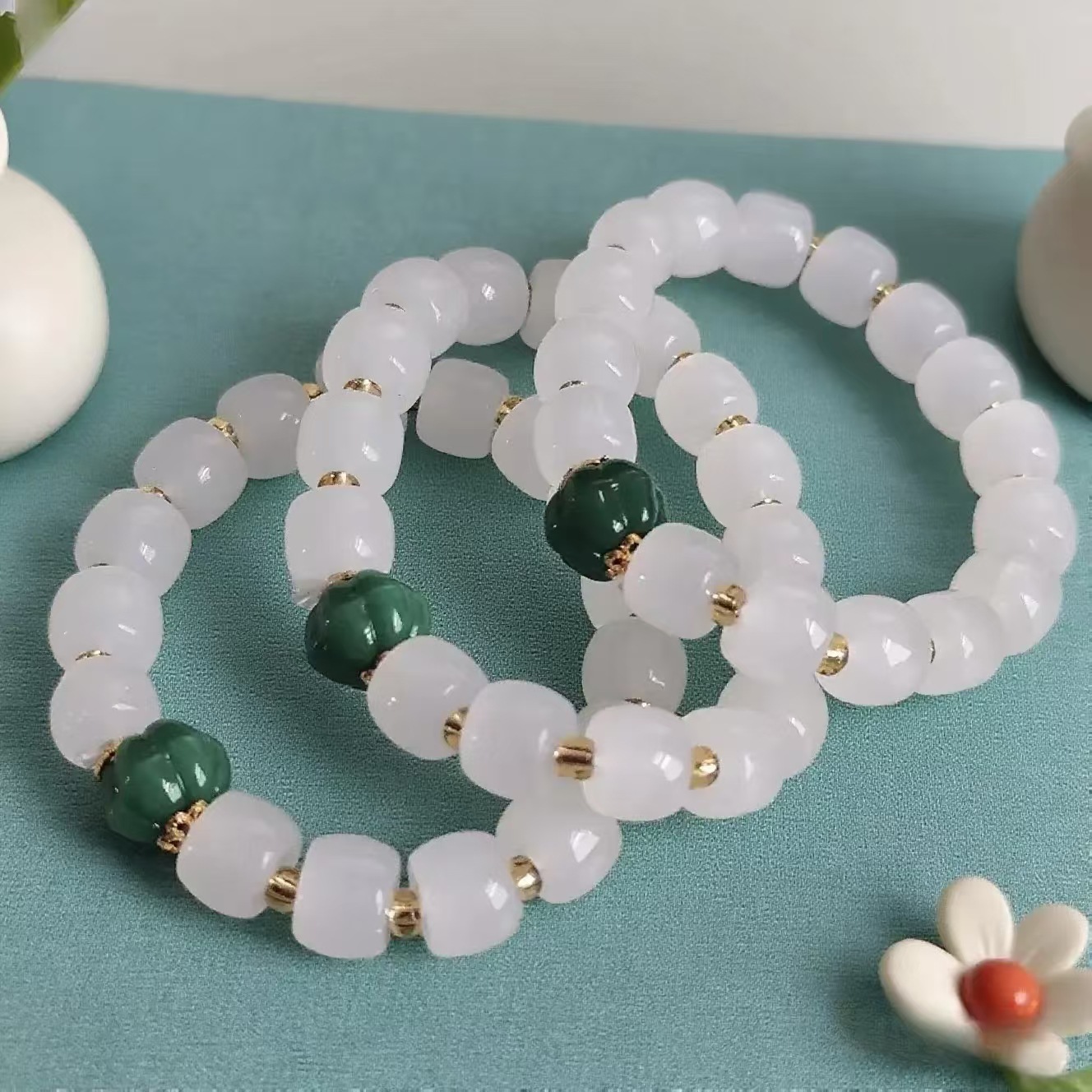 Hot-selling pumpkin bead bracelet, simple style imitation Hetian jade bucket bead jewelry, cross-border live-streaming traffic diversion accessories wholesale details Picture