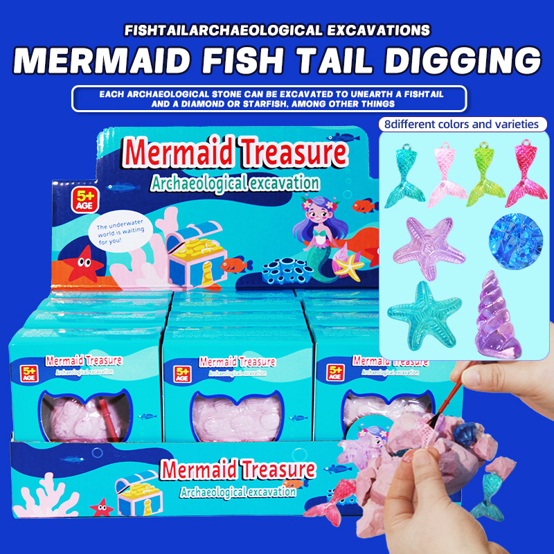 Cross-border archaeological toys, beauty fish tail gem-digging archaeological gypsum blind box, children's creative hands-on educational toys full figure