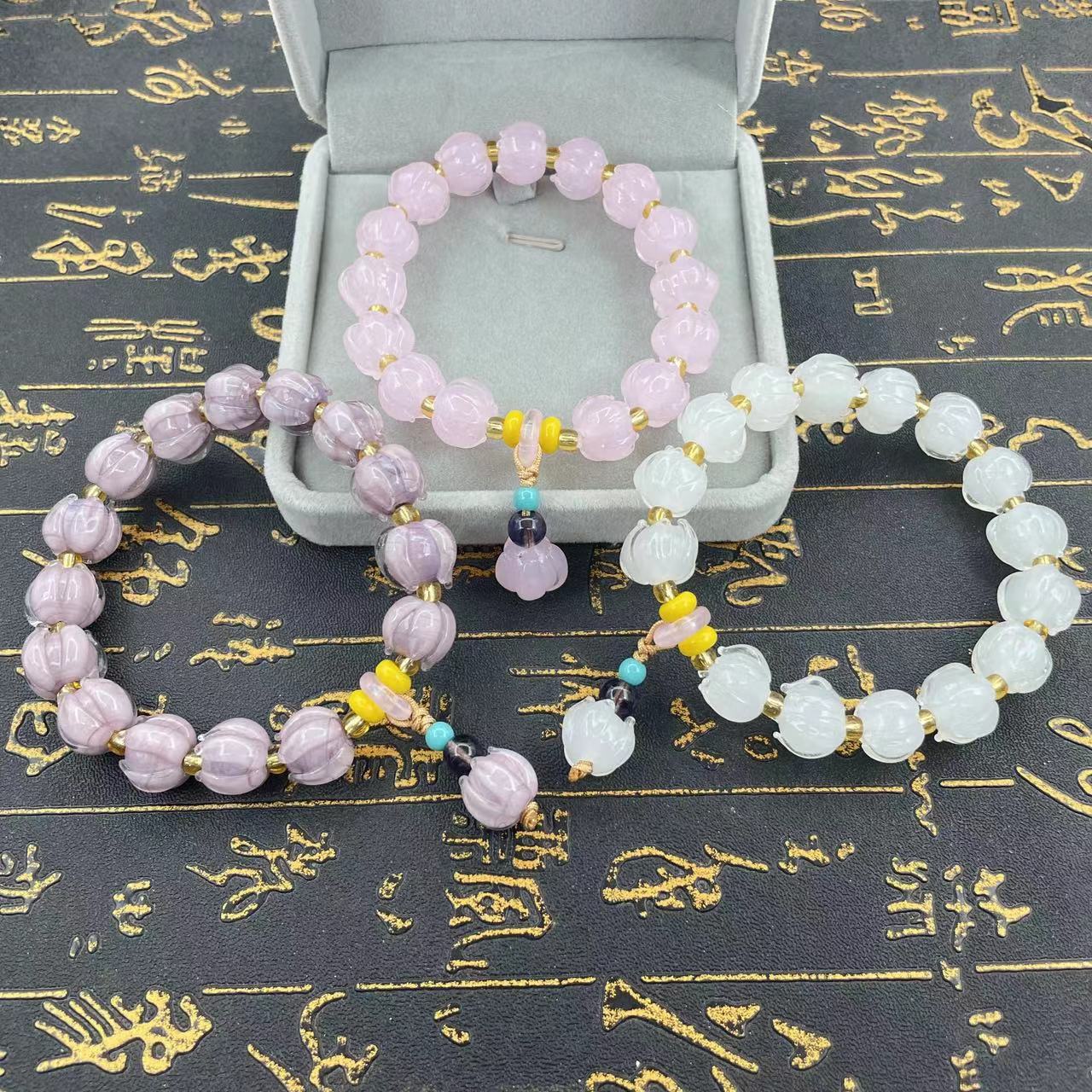 Temple Mu Shan purple incense ash glass bracelet, ice white glass lotus lion Dance bracelet, Buddhist bead jewelry