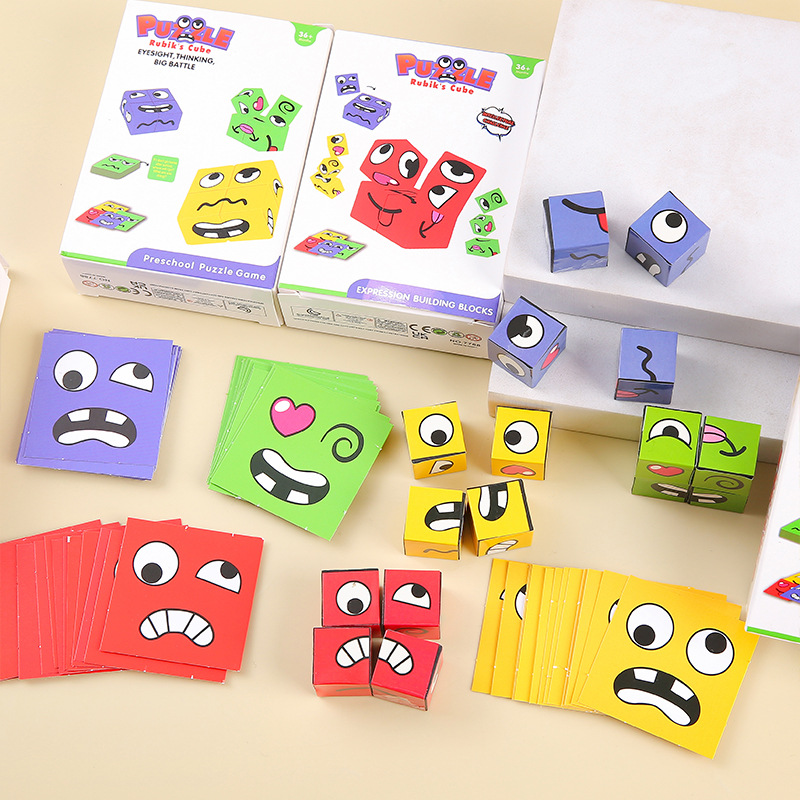 A series of white box sets of face-changing Rubik's Cube expression building blocks for children, parent-child battle board games, challenge levels, children's toys Specification drawing