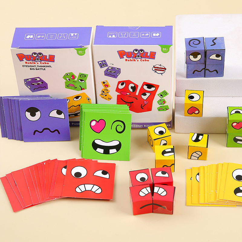 A series of white box sets of face-changing Rubik's Cube expression building blocks for children, parent-child battle board games, challenge levels, children's toys details Picture