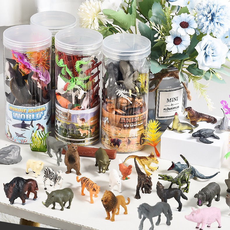 Cross-border wholesale of solid mini plastic giraffe and elephant toys in buckets of simulation dinosaur and poultry animal models full figure