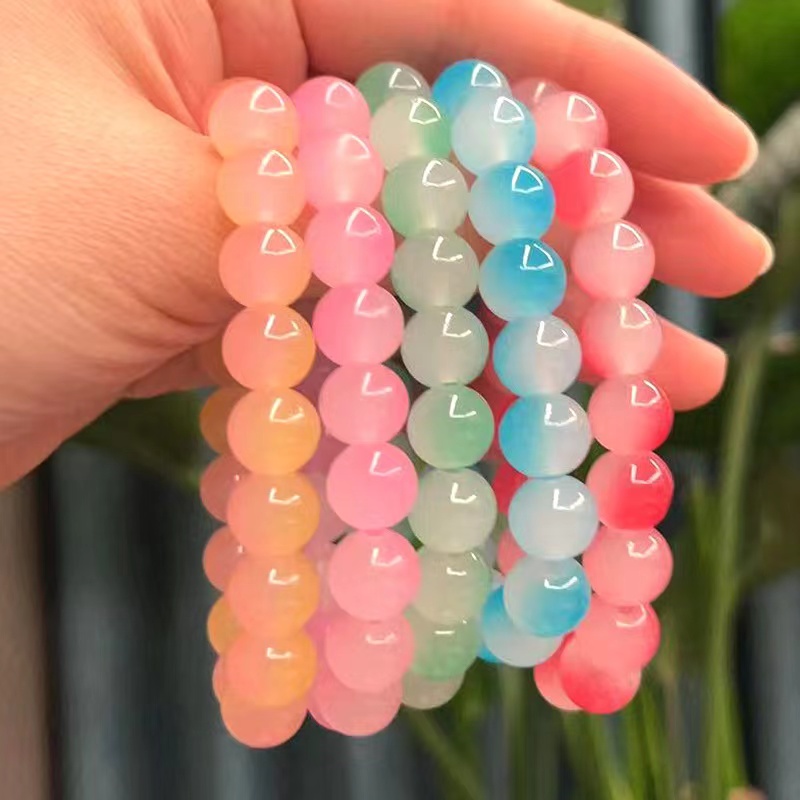 Peach round bead bracelet with gradient color and ice-transparent dual-color bracelet for girls, student hand-held imitation crystal glass bead bracelet Specification image