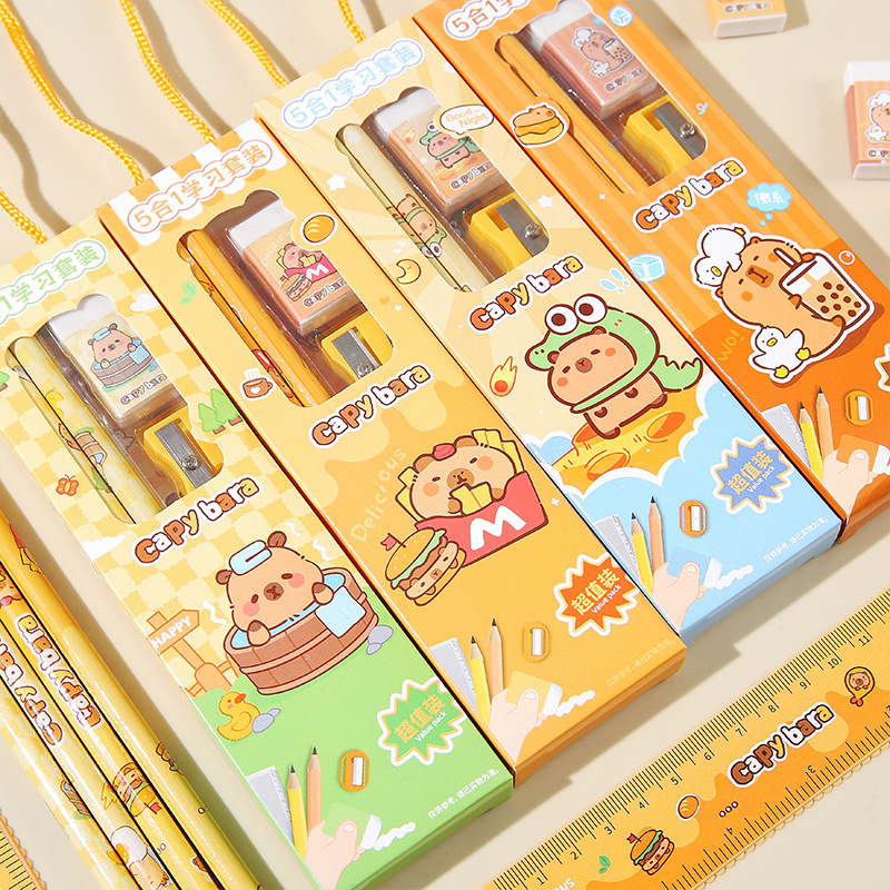 Children's Day gift stationery set, children's school supplies pencil and ruler five-piece set, wholesale of kindergarten festival gifts full figure