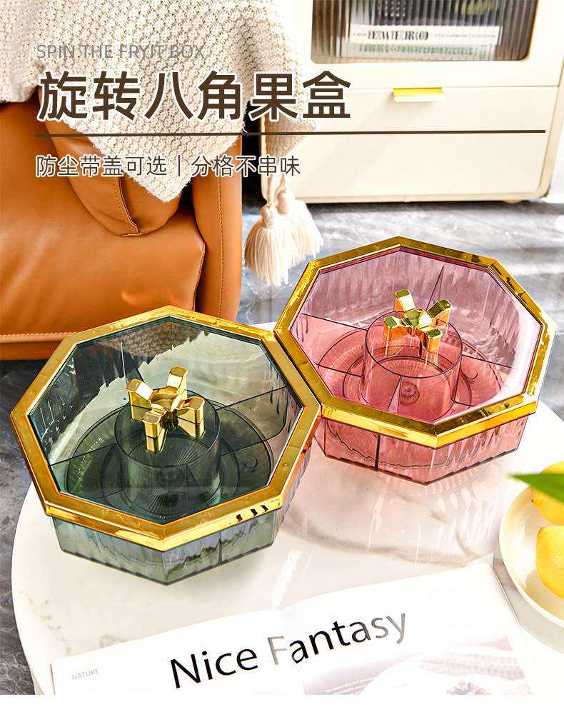 G28-GH-2937 Rotating octagonal fruit box PET, enlarged candy tray, thickened with lid, five-compartment electroplated candy box detail image 2