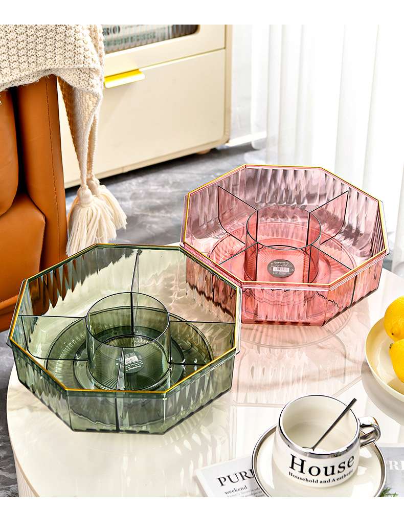 G28-GH-2937 Rotating octagonal fruit box PET, enlarged candy tray, thickened with lid, five-compartment electroplated candy box detail image 13