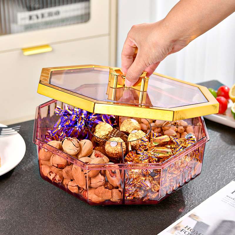 G28-GH-2937 Rotating octagonal fruit box PET, enlarged candy tray, thickened with lid, five-compartment electroplated candy box details Picture