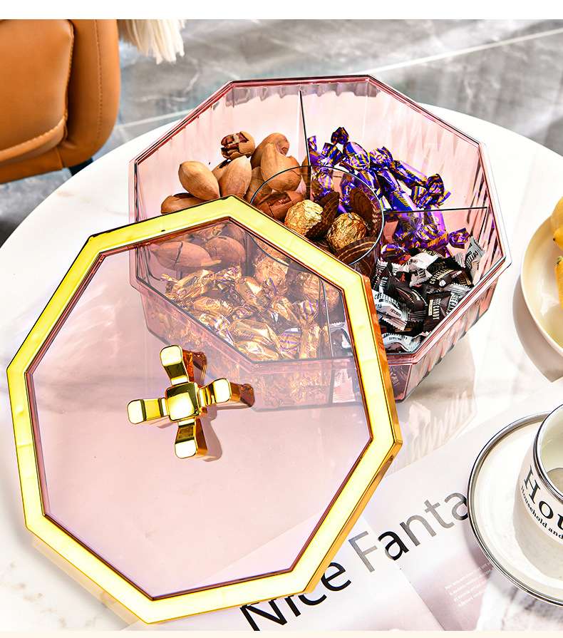 G28-GH-2937 Rotating octagonal fruit box PET, enlarged candy tray, thickened with lid, five-compartment electroplated candy box detail image 6