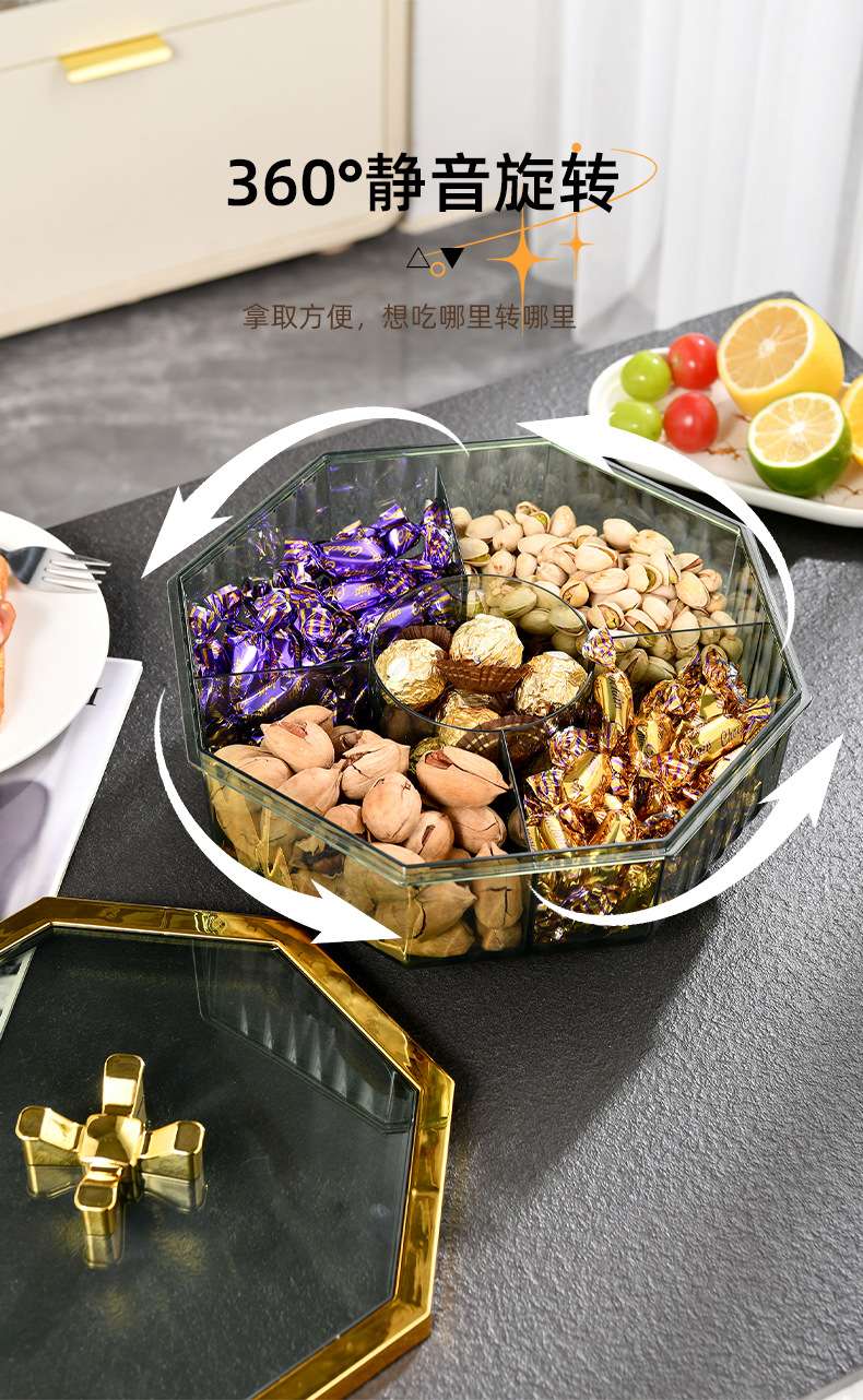 G28-GH-2937 Rotating octagonal fruit box PET, enlarged candy tray, thickened with lid, five-compartment electroplated candy box detail image 4