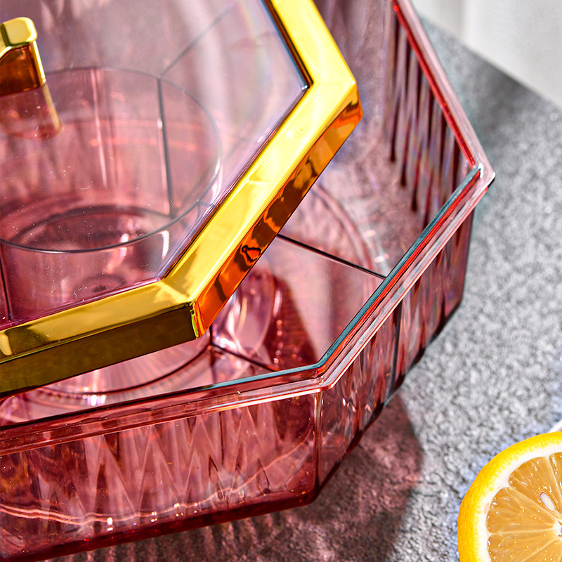 G28-GH-2937 Rotating octagonal fruit box PET, enlarged candy tray, thickened with lid, five-compartment electroplated candy box Specification image