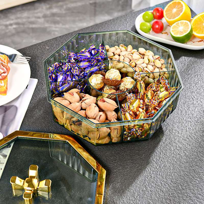 G28-GH-2937 Rotating octagonal fruit box PET, enlarged candy tray, thickened with lid, five-compartment electroplated candy box Application Scenario
