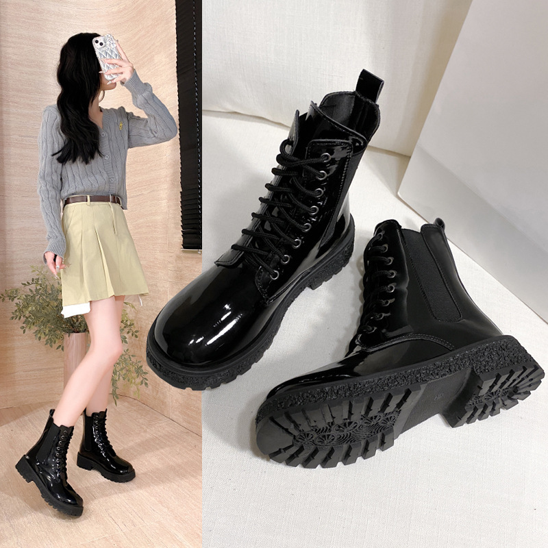 Mid-top thick-heeled round-toe cut-out boots for women, 2025 autumn new style Korean patent leather women's shoes, comfortable Dr. Martens boots details Picture