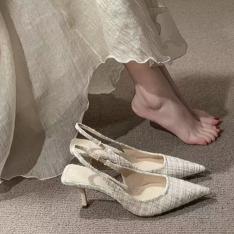 High-end chanel-style high heels, narrow-heeled pointed-toe sandals for women, 2025 summer new style, backheel, pocket, large-sized single shoes full figure