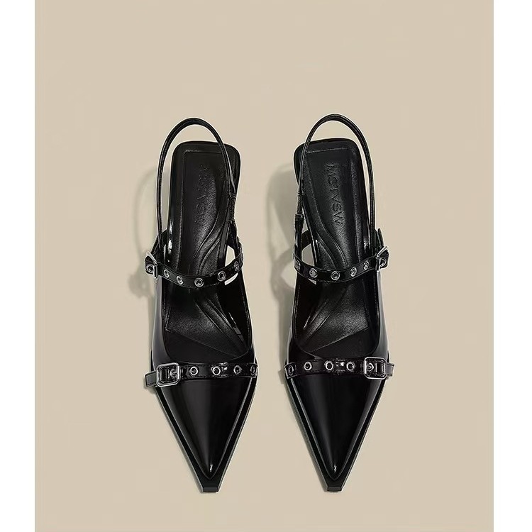 High-heeled women's 2025 summer new black pointed-toe, thin-heeled French one-strap, flip-top, shallow-mouthed single shoe full figure