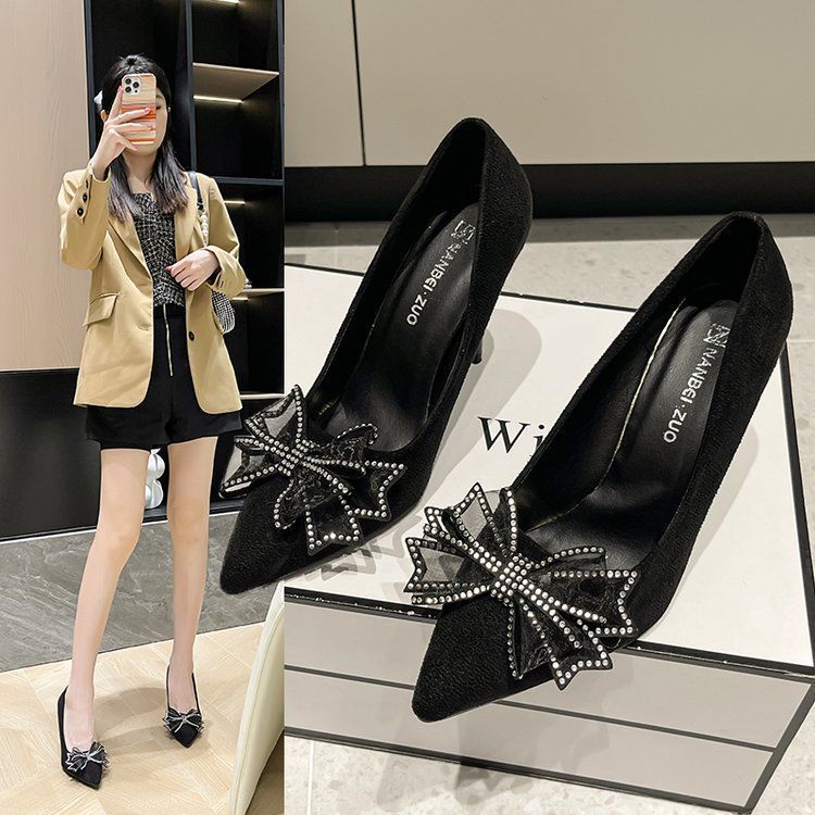 34-43 high heels, large size, 41-42 bow, thin heel, design sense, niche and elegant, fairy wedding shoes, two-wear single shoes full figure