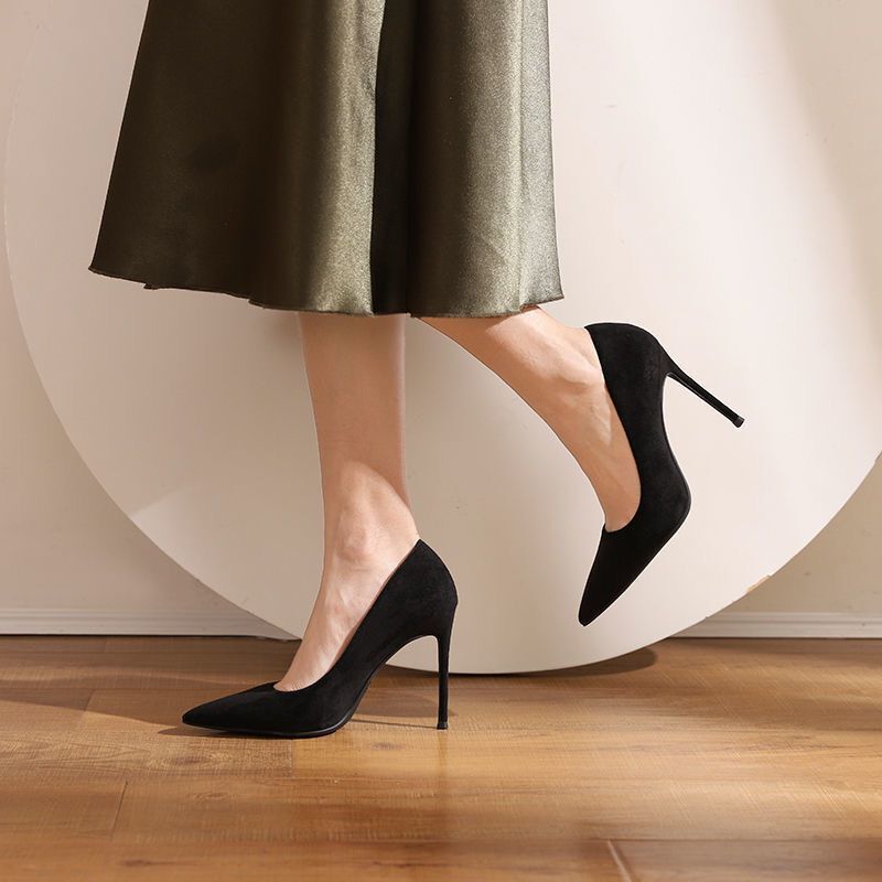 High-heeled women's 2024 Spring and Autumn new style black thin-heeled pointed-toe shallow-mouthed suede professional shoes, large-sized etiquette shoes for export Application Scenario
