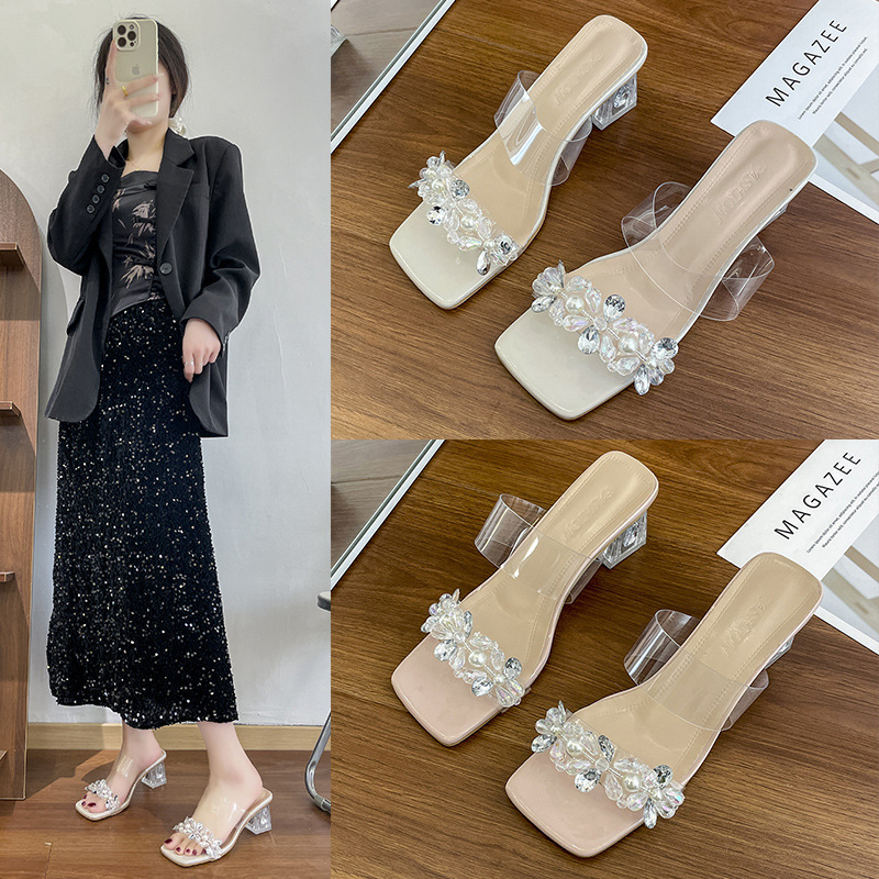 French transparent crystal diamond-encrusted thick-heeled slippers for women, 2024 new style summer outerwear water diamond high-heeled sandals, large size details Picture