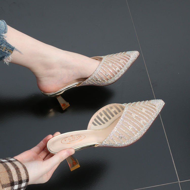 Women's 2021 new style mesh pointed-toe thin-heeled trendy slippers High-heeled outerwear Korean-style half-slipper women's summer Specification drawing