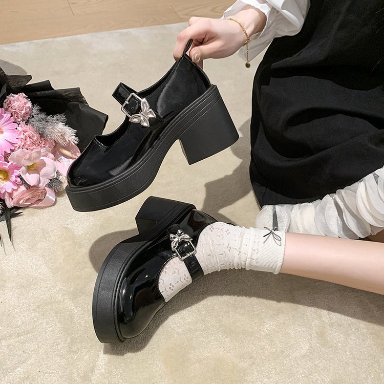 Black chunky-heeled thick-soled small leather shoes for women, 2025 new summer versatile jk with skirt, high-heeled French Marie Jean shoes Specification drawing