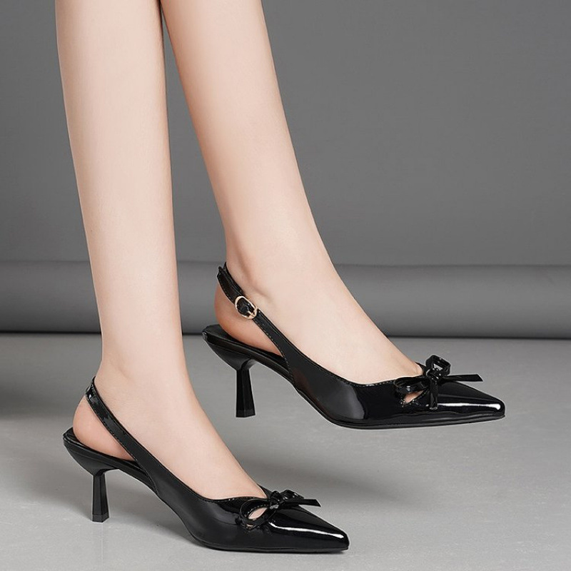 Pointed-toe bow shallow-mouthed thin-heeled flip-top sandals for women, Spring/Summer 2025, high-heeled single shoes with back straps Item Picture