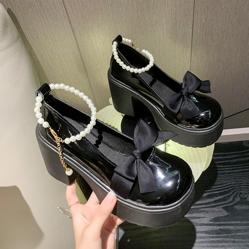 Spring 2025 new Korean version bow shallow-moused pearl one-button thick heel round toe single shoe Mary Jane small leather shoes for women details Picture