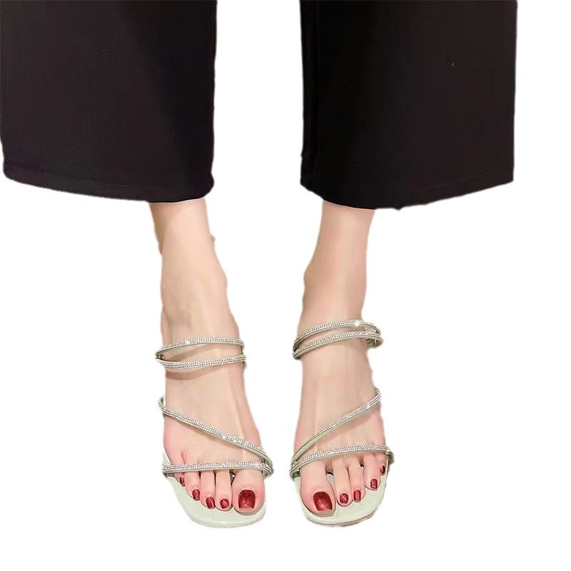 French chunky-heeled rhinestone flip-flops for women's outerwear, 2024 new summer fairy-like style flip-flops Item Picture