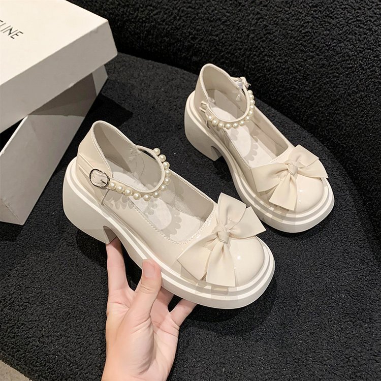 Mary Jane Single Shoe Women's Spring/Summer 2025 New style fashionable and sweet bow thick-soled, chunky heel pearl small leather shoes Application Scenario