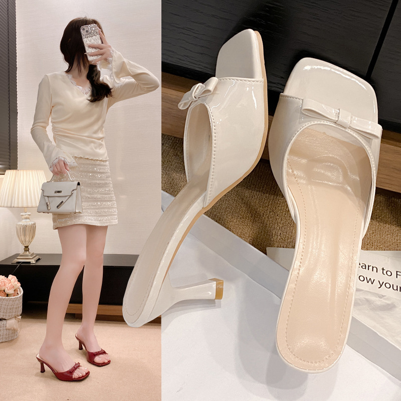 French high-heeled slippers for women 2024 new style summer outerwear, square-toed thin-heeled one-shoulder bow sandals, versatile and elegant Specification drawing